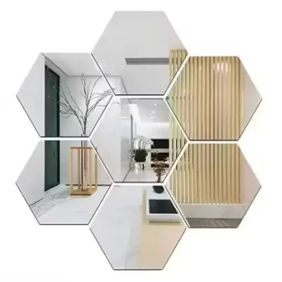 7 Hexagon Silver Acrylic Mirror Stickers | 3D Wall Decor with 10 Butterfly Stickers | Home & Office Decoration (Pack of 1) ( default, Standard )