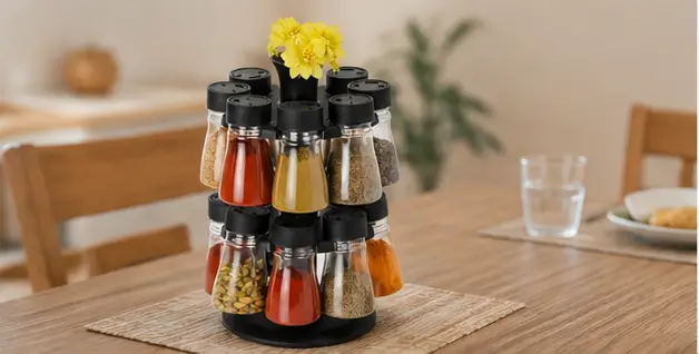 16-in-1 Revolving Condiment Set - Rotating Plastic Spice Rack & Kitchen Masala Organizer