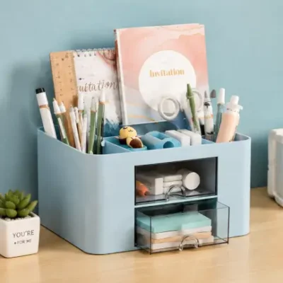 Desk Organiser – 5 Compartments & 2 Drawers Multifunctional Stationery Storage Organizer ( Sky Blue, OS )