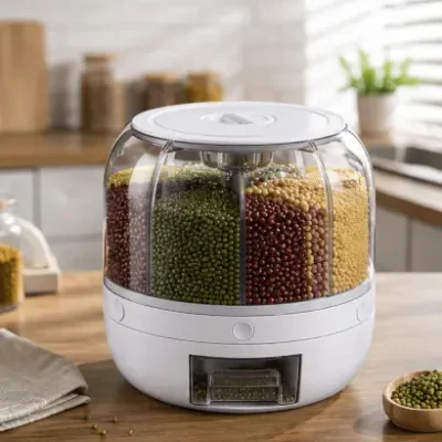 360° Rotating Grain Dispenser – 6-Compartment Kitchen Storage Container with Lid for Rice, Pulses & Dry Fruits ( white, OS )
